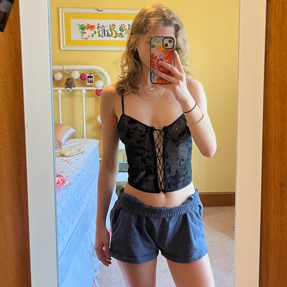 Black Floral Lace Corset Top Cropped